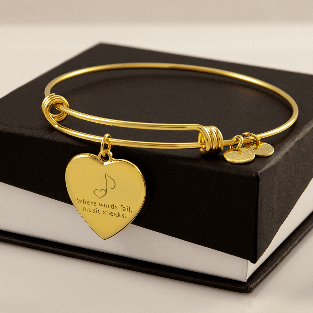 “Where Words Fail, Music Speaks” | Engraved Gift for Music Teachers & Students - Luxury Heart Bangle