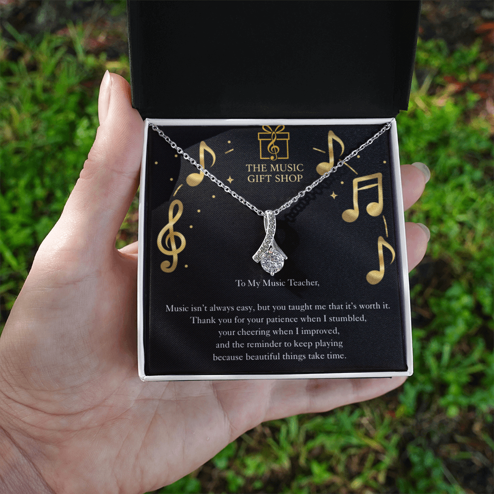 Music Teacher Thank You Necklace – “You Taught Me to Keep Playing” Inspirational Message Card